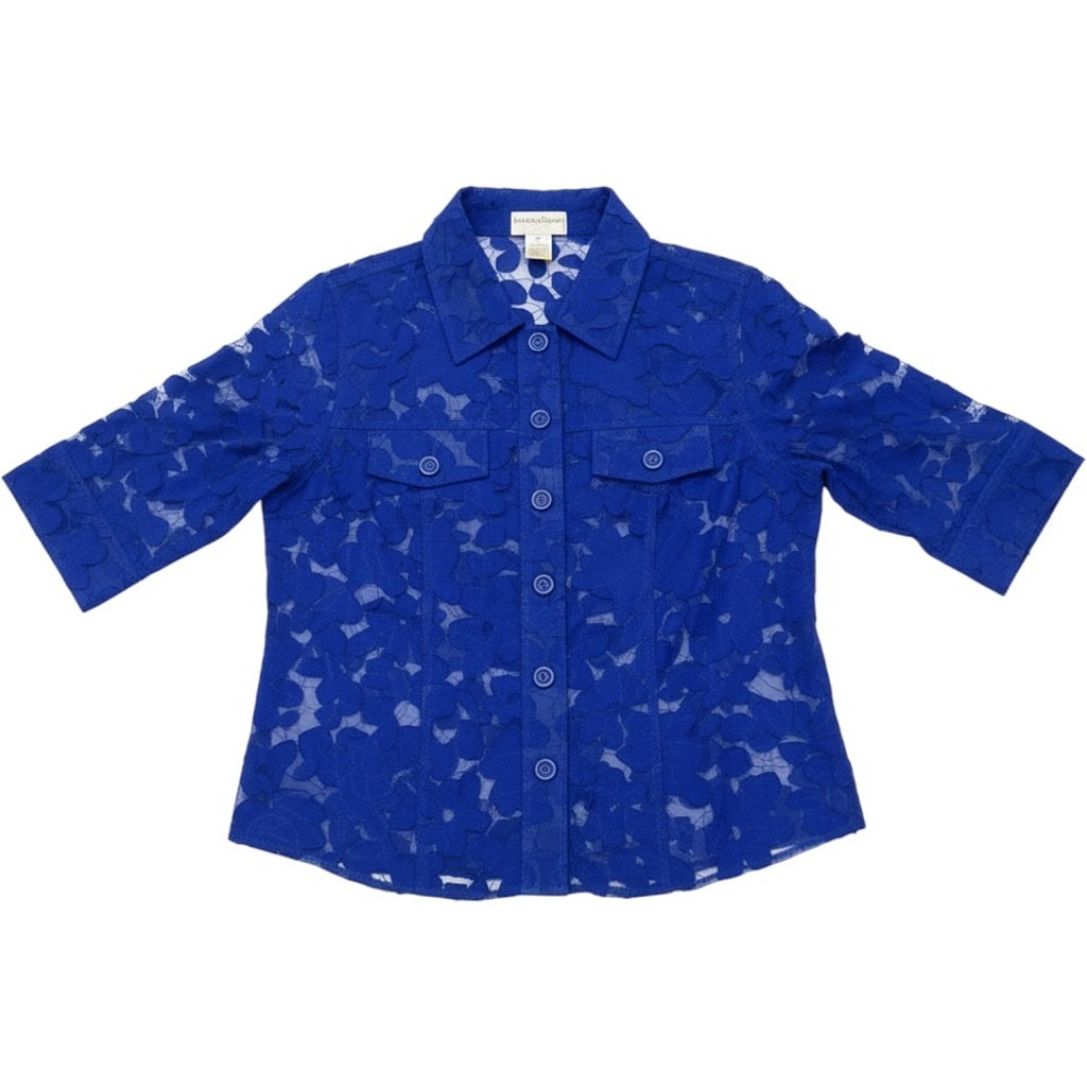 Draper's & Damon's Petites Shirt PM Royal Blue Floral Appliqué Lace Mesh Z950